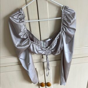 Gray Ruched Puff Sleeve Crop Blouse